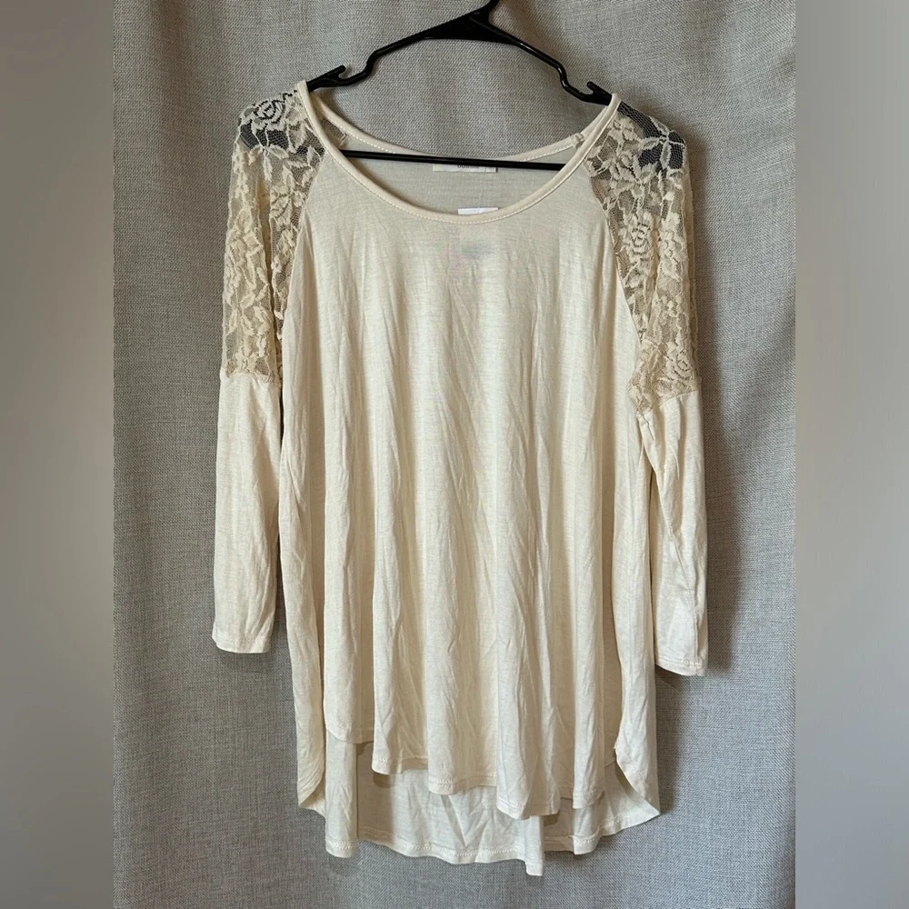 Böhme•lace shoulder crew neck top•size large•3/4 bell sleeve•rayon•ivory/cream - Picture 1 of 13
